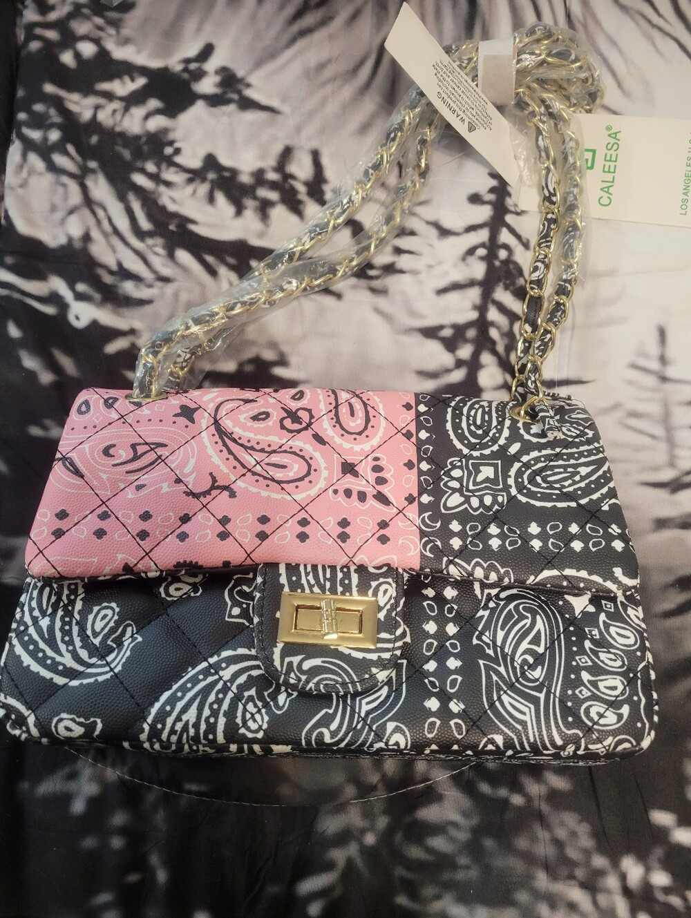 CALE Pink and Black Paisley Quilted Shoulder Bag with Gold Chain